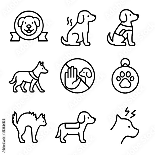 Pet Interaction Icons. Outline style icons of Pet Interaction Signs: friendly dog badge, nervous pet alert, therapy pet vest,