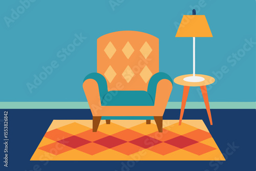 A comfortable orange chair and wooden table furnish a bright room with a view of the blue sky