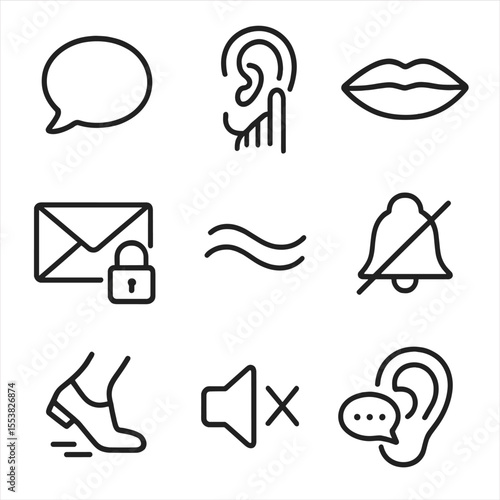 Whisper Secrecy Icons. Outline style icons of Whisper and Secrecy: whisper bubble, ear and finger, closed lips, secret message