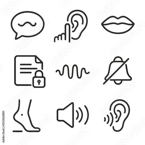 Whisper Secrecy Icons. Outline style icons of Whisper and Secrecy: whisper bubble, ear and finger, closed lips, secret message