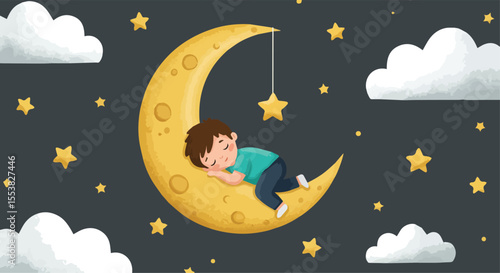 Child Sleeping on a Crescent Moon in the Night Sky