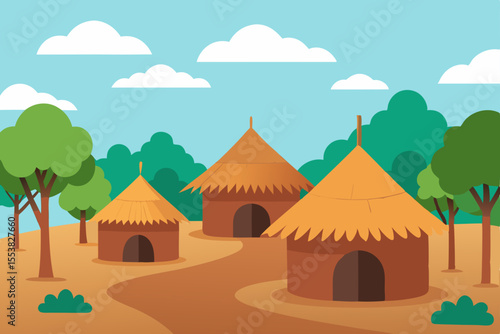 Vector illustration of an ancient castle, old town, and village landscape with sun, mountains, and trees