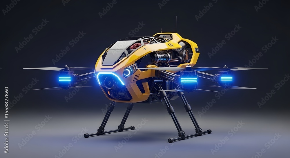 Naklejka premium Yellow Drone with Blue Lights on Dark Background