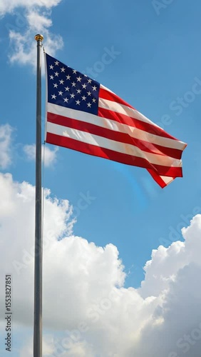 American flag waving in the wind, celebrating 4th July,  flutters proudly against a bright blue sky and white clouds