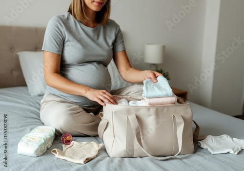 Preparing for the birth of a child - packing a maternity bag on a bed. A pregnant Caucasian woman in her 30s puts baby things in a maternity bag.
