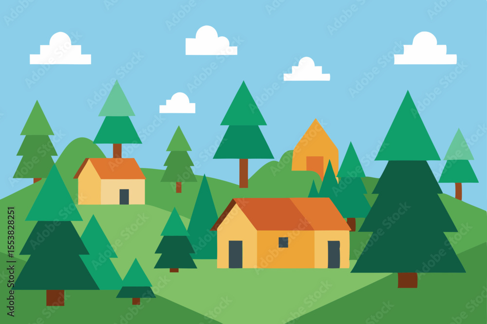 Naklejka premium Serene Village Landscape Picturesque Homes nestled amongst lush Green Hills and Pine Trees