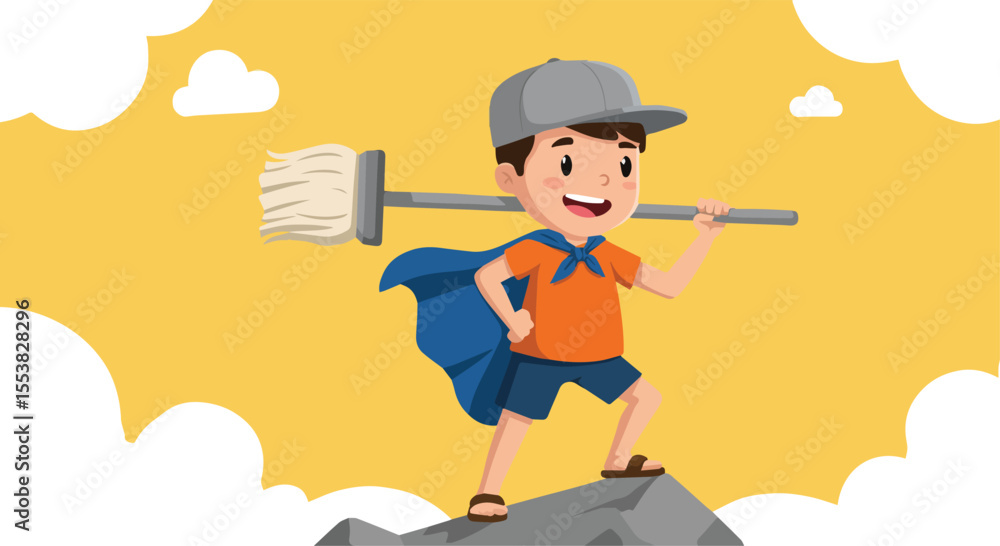 Boy with Broomstick as a Superhero on Top of a Mountain Boy with Broomstick as a Superhero on Top of a Mountain
