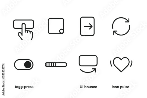Microinteraction Line Icons. Line style icons of microinteractions: button press, notification dot, swipe feedback, animation loop