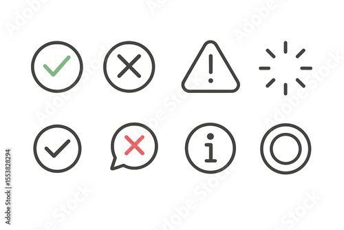 Input Validation Icons. Line style icons of interactive input validation: green check, red cross, warning mark, loading spinner,
