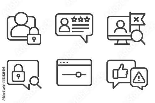 Social Media Safety Icons. Line style icons of social media safety: profile privacy, content moderation, fake account flag, friend