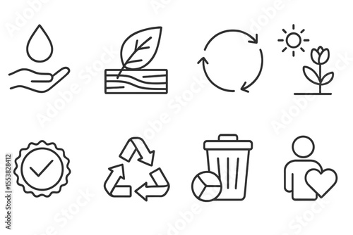 Sustainable Design Icons. Line style icons of sustainable design ethics: resource saving, eco-friendly materials, lifecycle icon,
