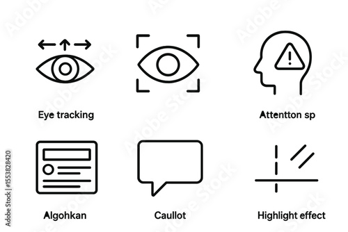 User Attention Icons. Line style icons of user attention: eye tracking, gaze focus, distraction alert, attention span, visual