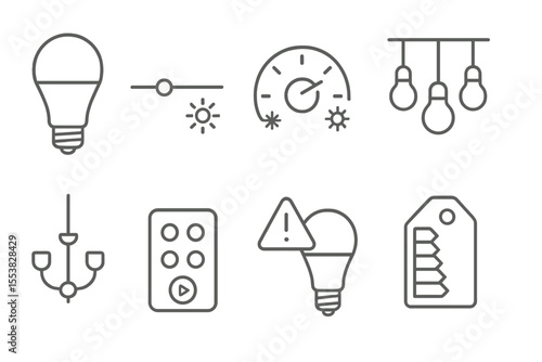Smart Home Icon Set. Line style icons of smart home maintenance: LED light bulb icon, brightness slider, color temperature dial,