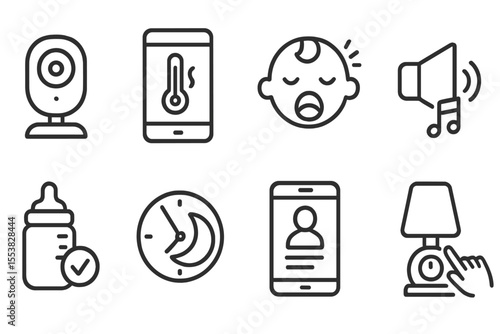 Smart Home Maintenance Icons. Line style icons of smart home maintenance: smart baby monitor, temperature alert, cry detection,