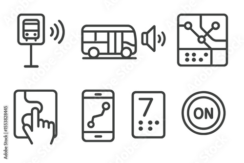 Accessible Urban Navigation Icons. Line style icons of urban navigation for visually impaired: bus stop audio guide, low-floor bus