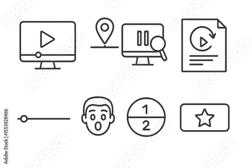 Esports Training Tools. Line style icons of esports training: VOD playback screen, key moment marker, pause analysis tool, replay