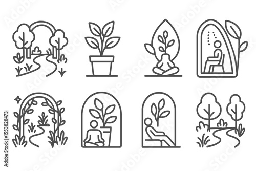 Biophilic Design Icons. Line style icons of biophilic design and eco interiors: healing garden zone, therapeutic interior plant,