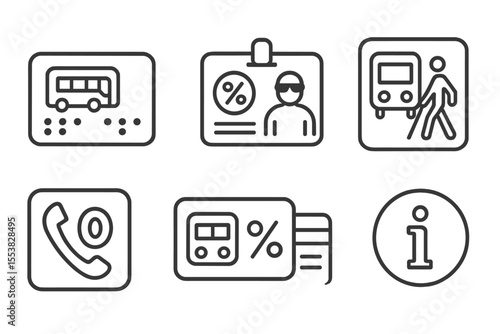 Urban Navigation Icons. Line style icons of urban navigation for visually impaired: public transport pass with Braille, discounted