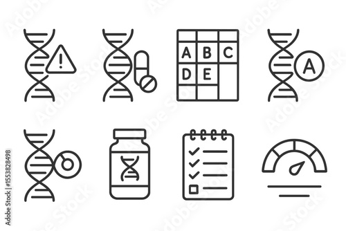 DNA Nutrition Icons. Line style icons of DNA-based nutrition: vitamin deficiency alert, supplement suggestion icon, nutrient
