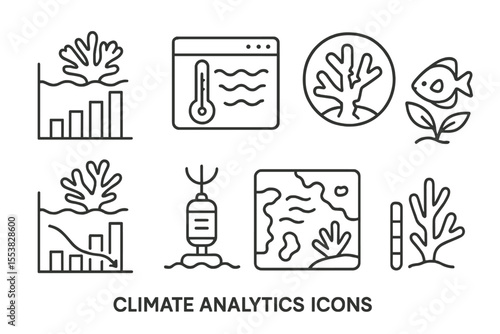 Climate Icons Collection. Line style icons of climate analytics: coral bleaching chart, marine temperature tracker, reef damage