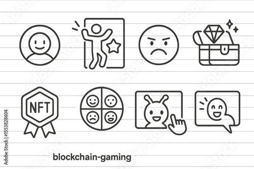Blockchain Gaming Icons. Line style icons of blockchain gaming (GameFi): avatar emote token, celebration dance card, mood reaction