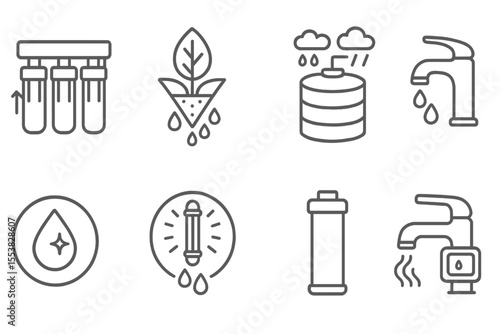 Green Tech Icons. Line style icons of green tech and eco services: water purification system, eco filter icon, rainwater