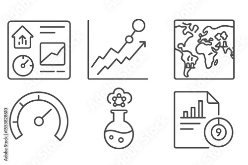 Climate Analytics Icons. Line style icons of climate analytics: greenhouse gas dashboard, CH4 chart icon, nitrous oxide trend,