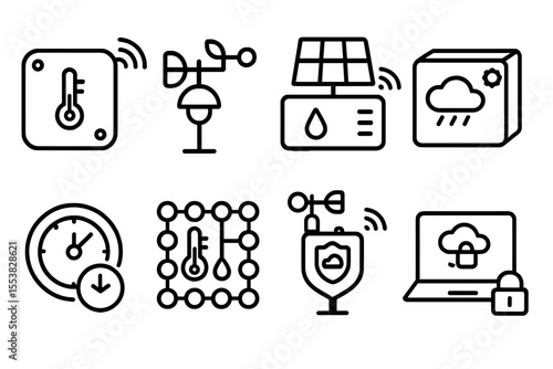 Climate Data Icons. Line style icons of climate analytics: climate sensor node, IoT weather station, solar-powered data logger,