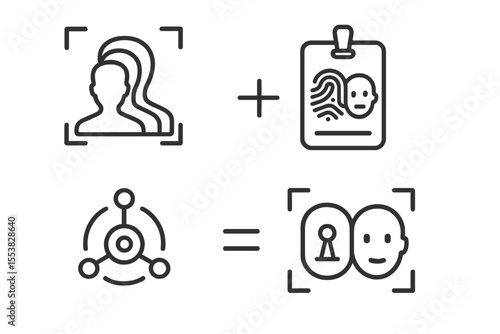 Biometric Identity Icons. Line style icons of biometrics and digital identity: multi-biometric profile icon, hybrid scan tag,