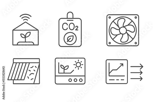 Agro-Tech Line Icons. Line style icons of agro-industrial technologies: greenhouse automation icon, CO2 monitor badge, climate