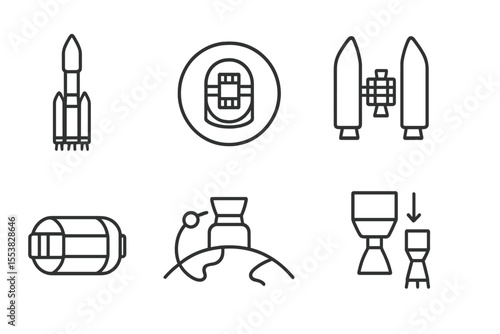 Space Technology Icons. Line style icons of space research and satellite technologies: satellite launch vehicle, payload adapter