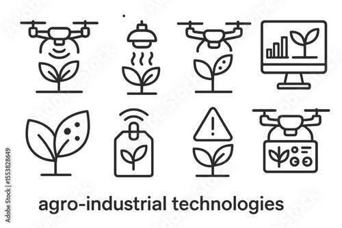Agro-Tech Line Icons. Line style icons of agro-industrial technologies: drone crop health scan, infrared plant monitor, aerial