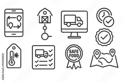 Agro-Industrial Icons. Line style icons of agro-industrial technologies: supply chain tracker, farm-to-factory chart, logistics