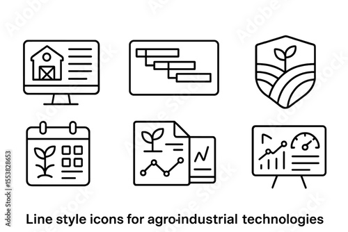 Agro-Industrial Icons. Line style icons of agro-industrial technologies: farm management software icon, task schedule chart, field