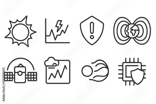 Space Research Icons. Line style icons of space research and satellite technologies: solar flare icon, radiation storm chart,