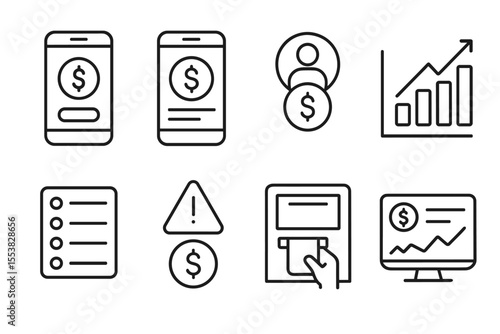 Fintech Line Icons. Line style icons of fintech in developing countries: mobile banking app icon, balance check screen, account