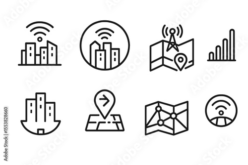 Smart City Icons. Line style icons of smart cities and urban systems: public Wi-Fi hotspot icon, urban connectivity badge, 5G