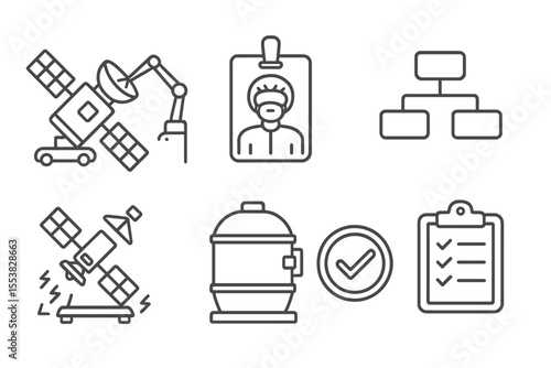 Space Tech Line Icons. Line style icons of space research and satellite technologies: satellite manufacturing icon, cleanroom