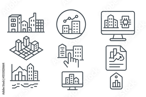 Smart City Icons. Line style icons of smart cities and urban systems: digital twin city icon, real-time simulation badge, urban AI