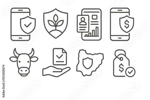 Fintech Insurance Icons. Line style icons of fintech in developing countries: digital insurance icon, crop protection badge,