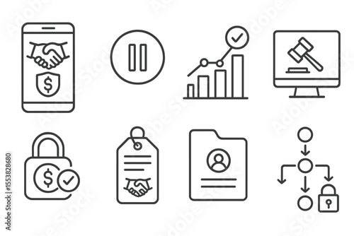 Fintech Line Icons. Line style icons of fintech in developing countries: mobile escrow service icon, transaction hold badge,