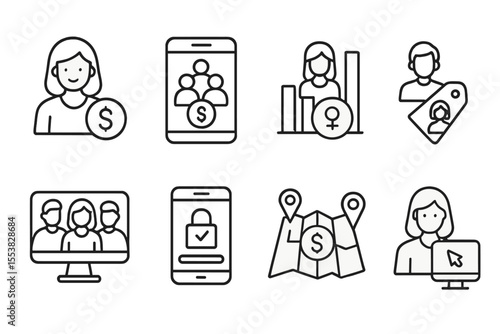 Fintech Inclusion Icons. Line style icons of fintech in developing countries: women’s financial inclusion icon, mobile savings