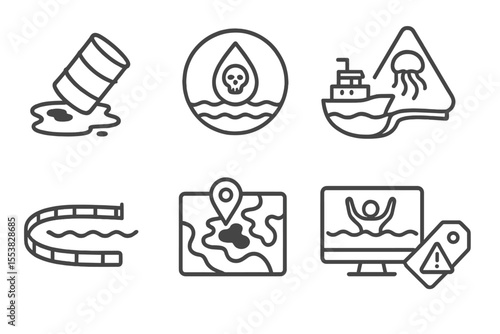 Ecological Disaster Icons. Line style icons of ecological disasters and response: oil spill icon, contaminated water badge,