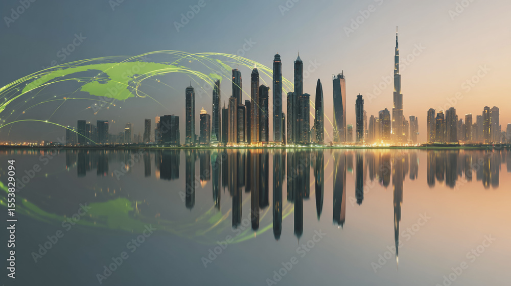 Fototapeta premium Smart city with connection network reciprocity over the cityscape social media networking systems that connects on the peak of success amid tall, innovative Smart city and graphs with statistics