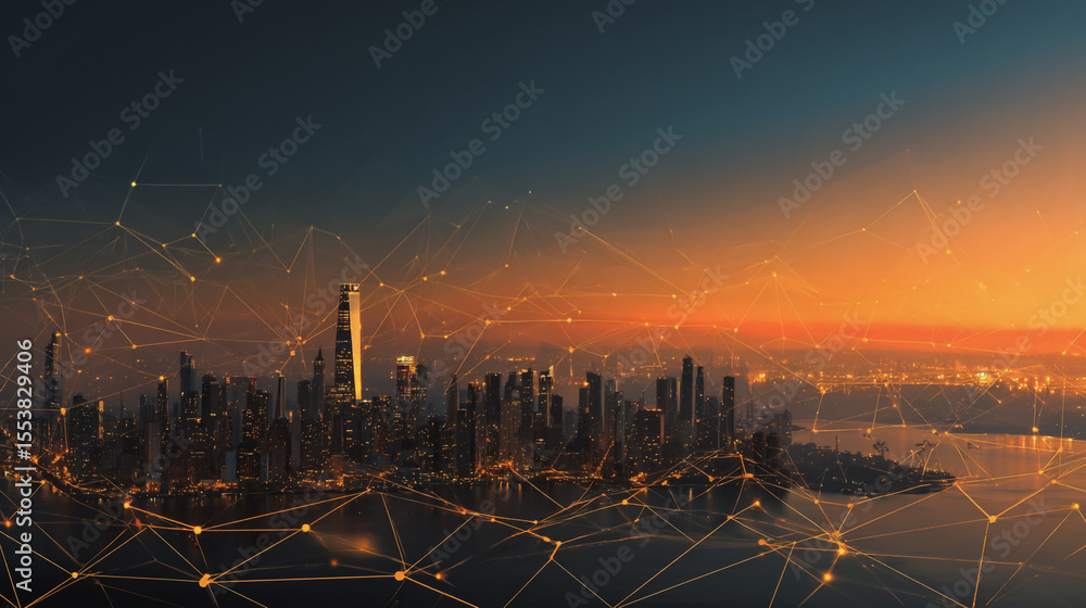 Fototapeta premium Smart city with connection network reciprocity over the cityscape social media networking systems that connects on the peak of success amid tall, innovative Smart city and graphs with statistics
