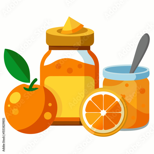 Orange jam glass jar with marmalade and fresh citrus fruit food vector on white background.