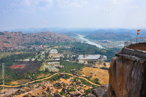 Aerial view of the natural diversity of the tourist town of Hampi