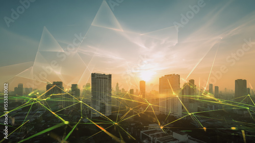 Smart city with connection network reciprocity over the cityscape social media networking systems that connects on the peak of success amid tall, innovative Smart city and graphs with statistics