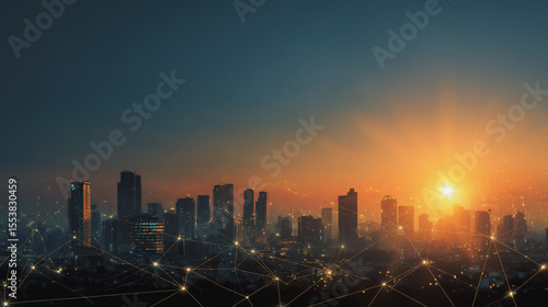 Smart city with connection network reciprocity over the cityscape social media networking systems that connects on the peak of success amid tall, innovative Smart city and graphs with statistics
