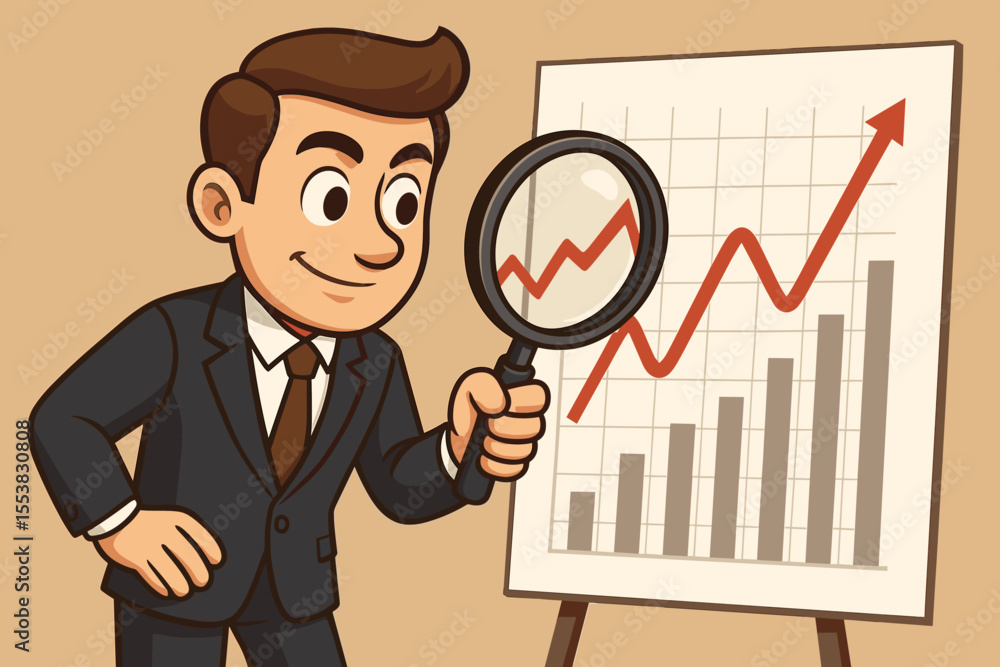 Cartoon businessman analyzing financial growth chart with a magnifying glass. Manager inspecting a profit graph on a whiteboard. Business success, data analysis, market research concept. Cartoon businessman analyzing financial growth chart with a magnifying glass. Manager inspecting a profit graph on a whiteboard. Business success, data analysis, market research concept.